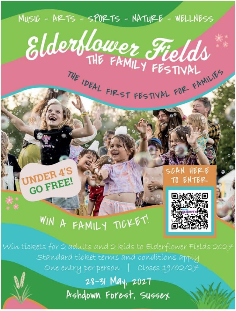 Elderflower Fields 2027 family festival competition: win a family ticket for two adults and two children. Closes 19 February 2027.
