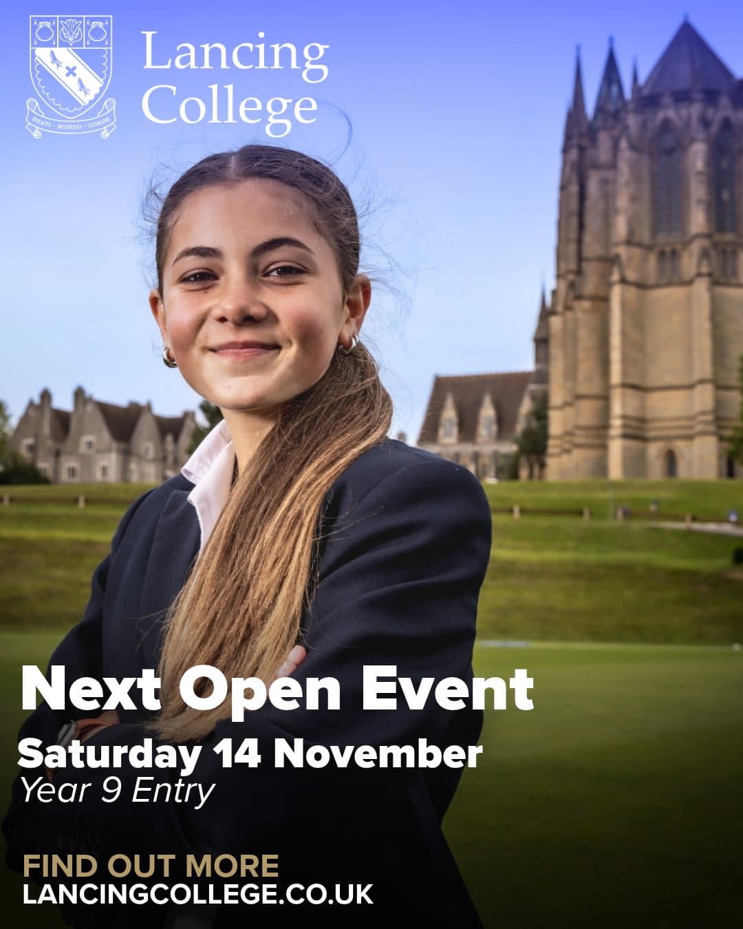 Lancing College open event poster showing a pupil in front of the College chapel, advertising Saturday 14 November for Year 9 entry.