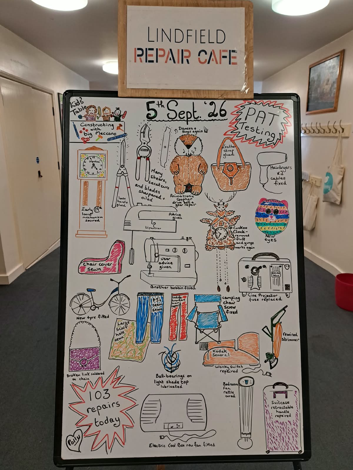 Illustrated board at Lindfield Repair Café showing 103 repaired items, including toys, tools, clothing and household appliances.