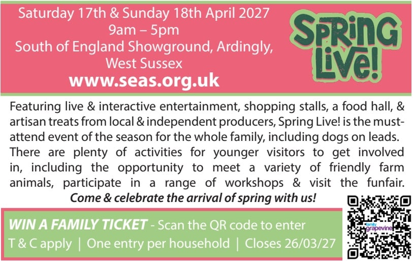 Spring Live! family ticket competition at the South of England Showground, 17–18 April 2027.