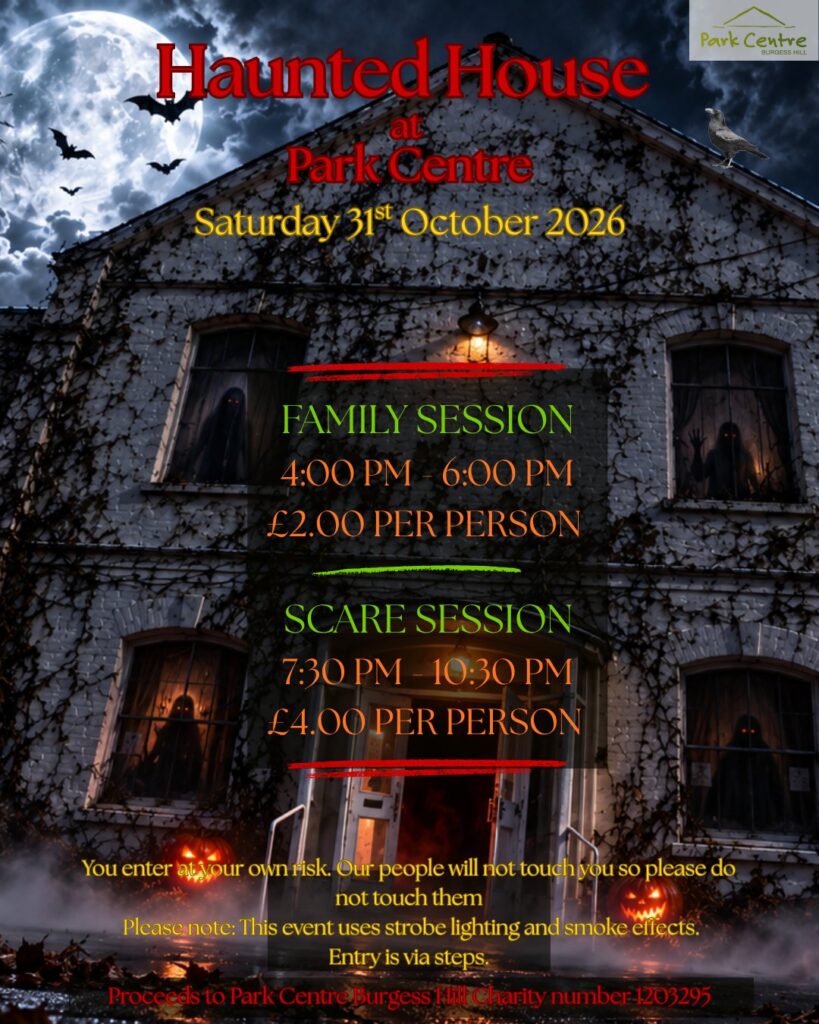Halloween poster showing a moonlit haunted house, bats and pumpkins, with family and scare session details at Park Centre.