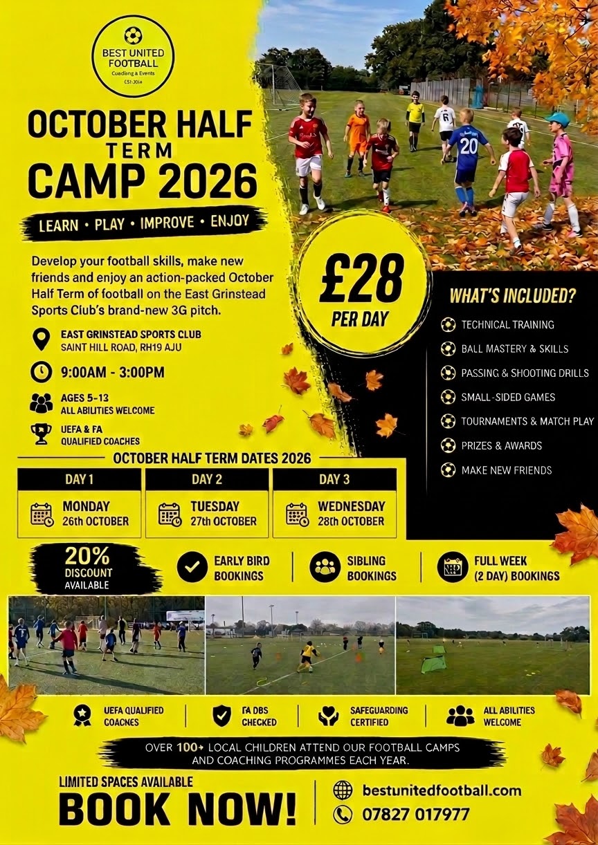 Best United Football October half-term camp poster showing children playing football and camp details for East Grinstead Sports Club.