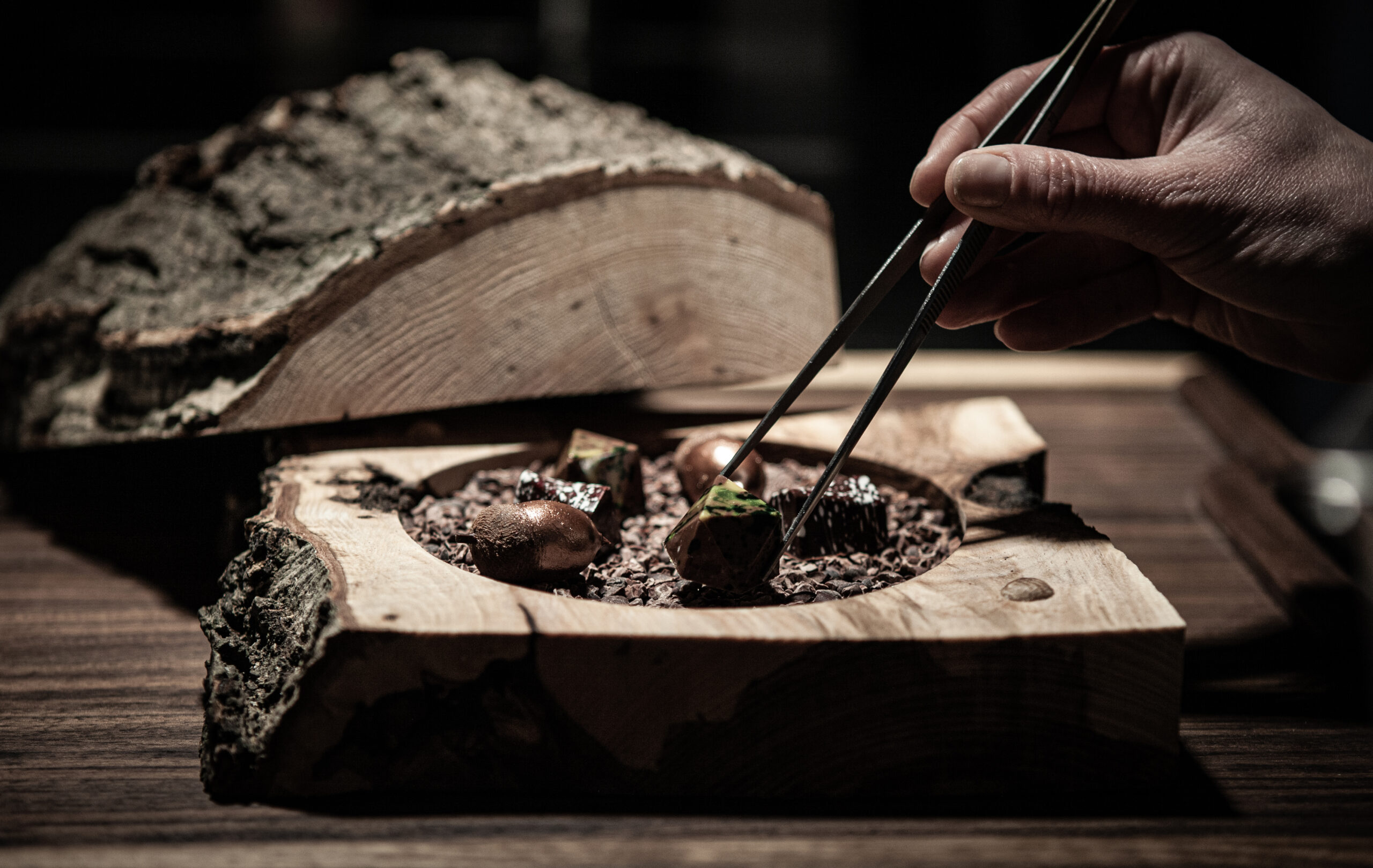 Fine dining on a rustic wood plate