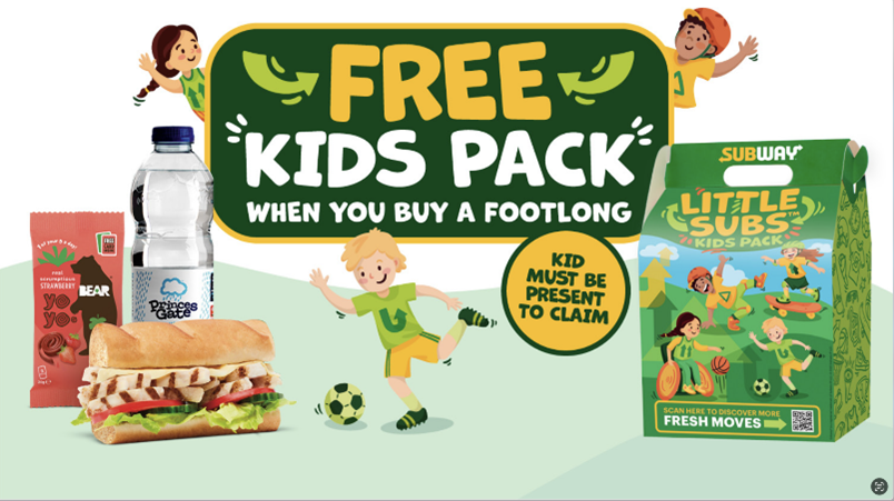 Subway free Kids Pack promotion showing a mini Sub, snack, bottled water and Little Subs box