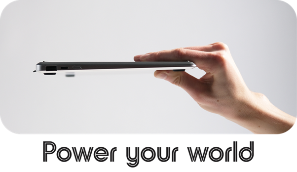 Side view of a Krafted Edge power bank held in one hand, with the words ‘Power your world’.