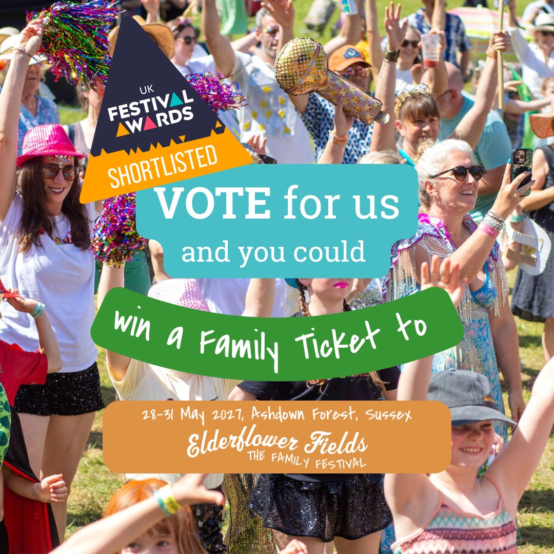 Families celebrating at Elderflower Fields beneath a UK Festival Awards shortlisted badge and a family-ticket prize message.