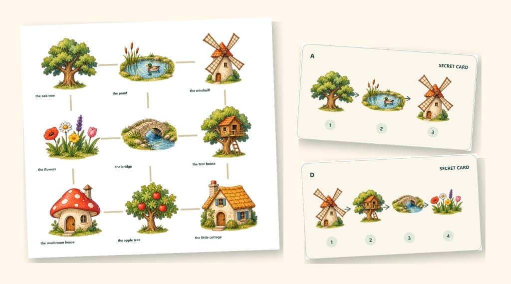 Two-Map Adventure paper game: illustrated village map and secret route cards for children
