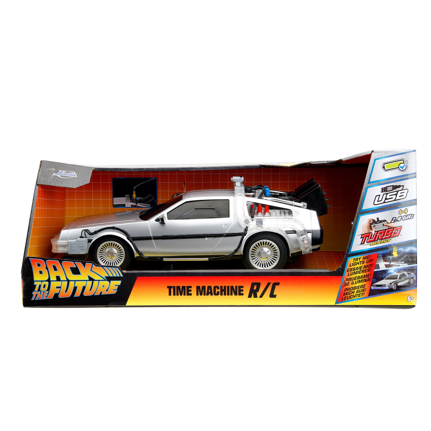 Back to the Future Time Machine remote-control toy car in its packaging